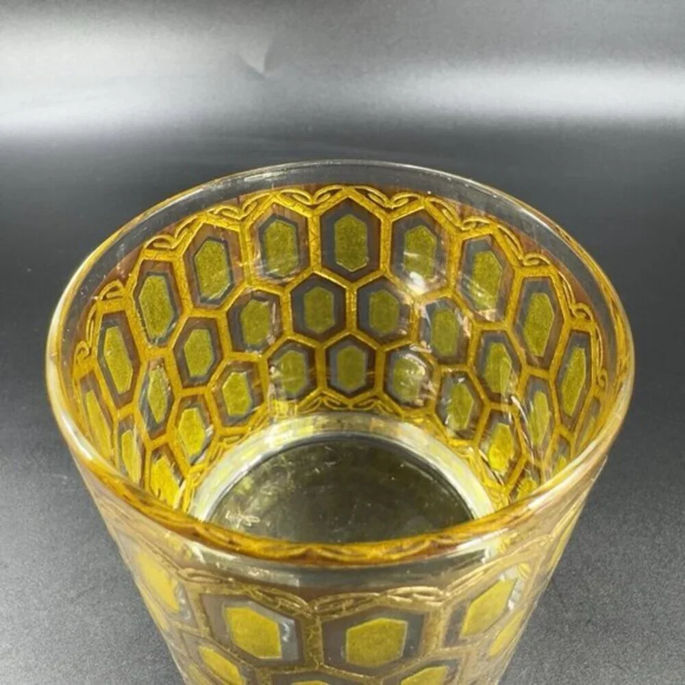 West Virginia Glass Madrid Gold Embossed Hexagon Old Fashioned Glasses Cup Set 2